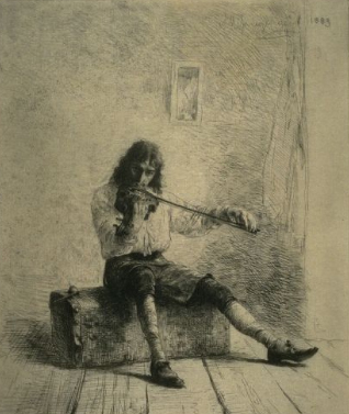Man sitting on chest playing violin.